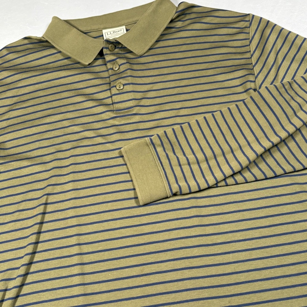 LL Bean Mens Medium Polo Shirt Long Sleeve Pima Cotton Striped Olive Navy M